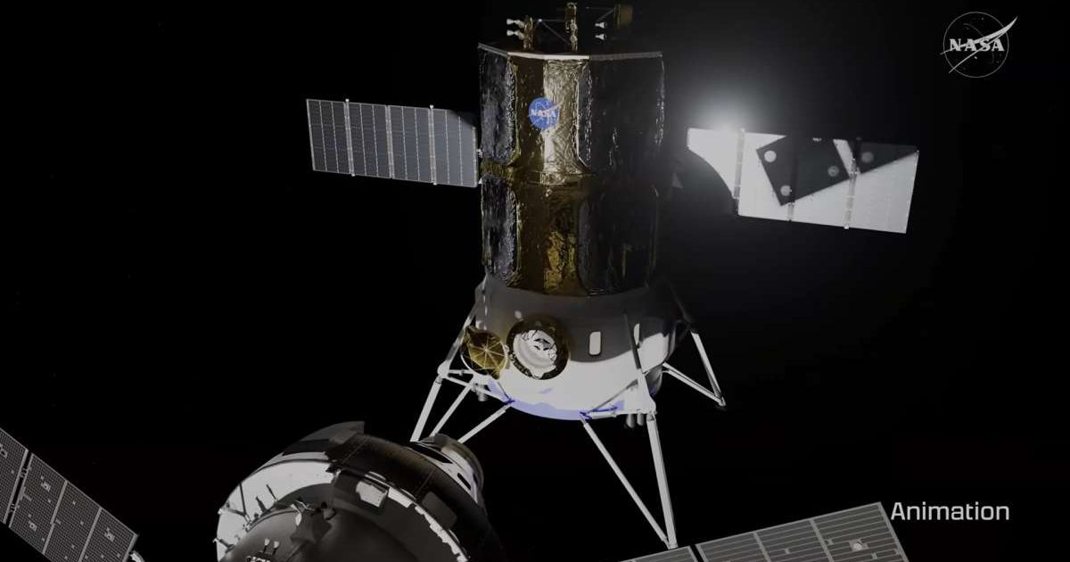 A screenshot from an animation depicting NASA's Orion spacecraft docking with Blue Origin's lander. (Representative Cover Image Source: YouTube/NASA)