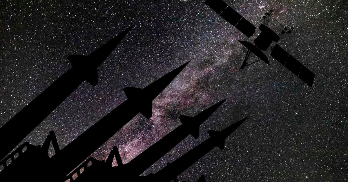 Image showing silhouettes of a missile system and a satellite. (Representative Cover Image Source: Getty Images | Anton Petrus)