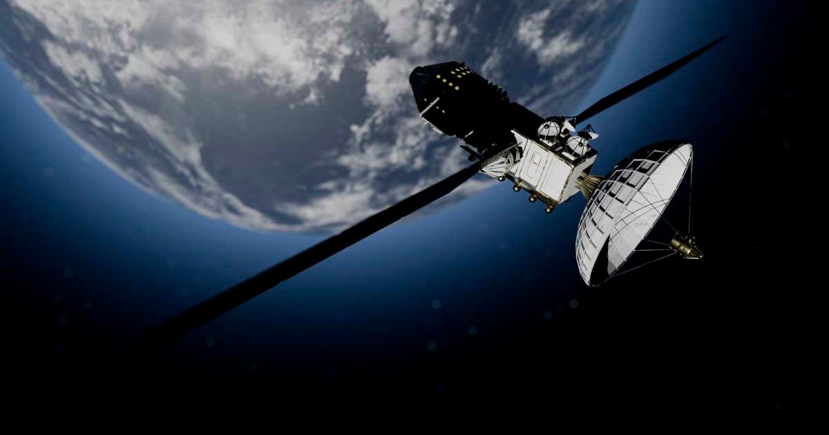 Illustration of a satellite orbiting Earth against a backdrop of space and a sunlit horizon (Representative Image Source: Getty | Sergio Bonilla)