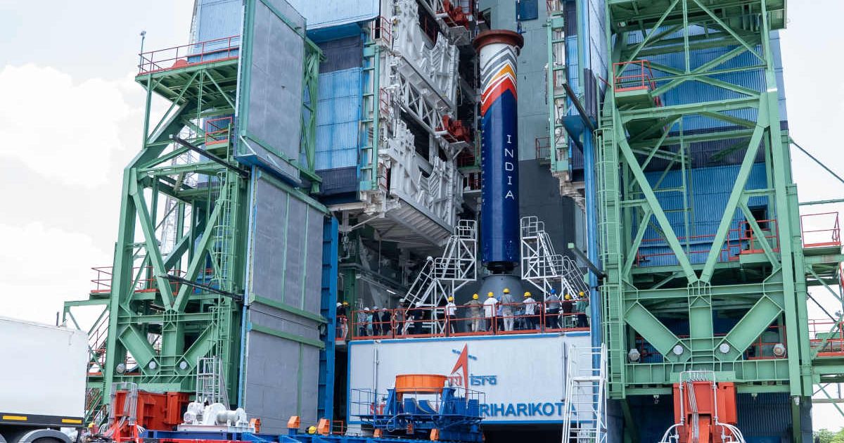 Vikram-1's Stage 1 is stacked at the First Launch Pad, Satish Dhawan Space Center, Sriharikota. (Cover Image Source: Skyroot Aerospace)