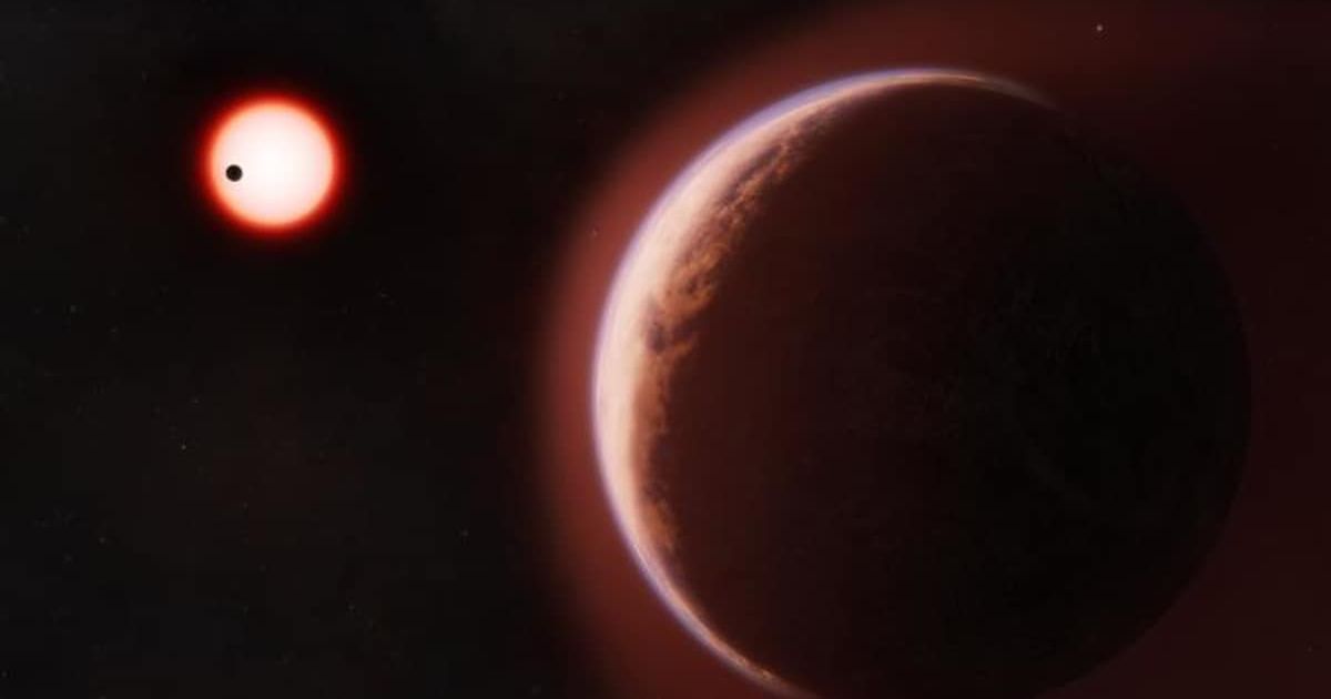 In this artist’s concept, the exoplanet LHS 1140 b is shown in the foreground, surrounded by a helium-rich atmosphere. (Representative Cover Image Source: Melissa Weiss/CfA)