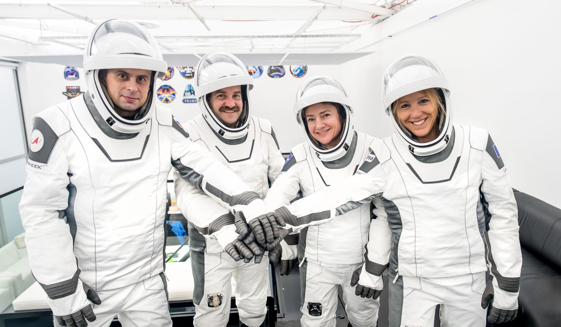 Crew-12 astronauts Andrey Fedyaev, Jack Hathaway, Jessica Meir and Sophie Adenot at SpaceX headquarters in California prior to their launch.