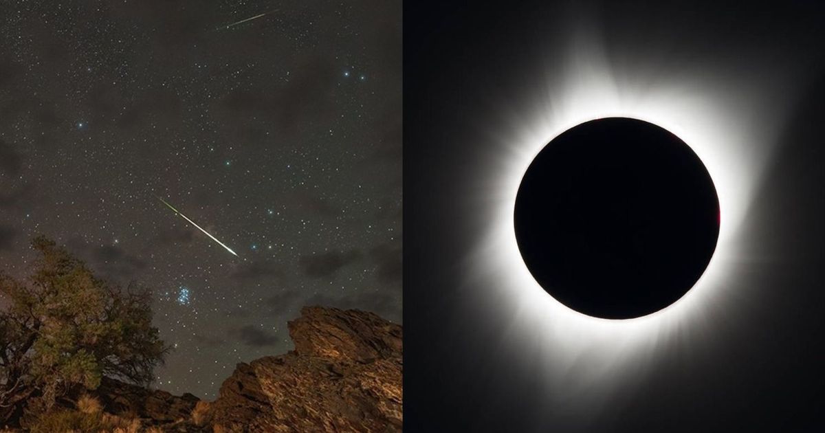 Meteors from the Perseids Meteor Shower streak across the sky above Inyo National Forest in Bishop, California, in 2024 (left). A total solar eclipse captured on Aug. 21, 2017 from Madras, Oregon. — (Cover Image Source: NASA)