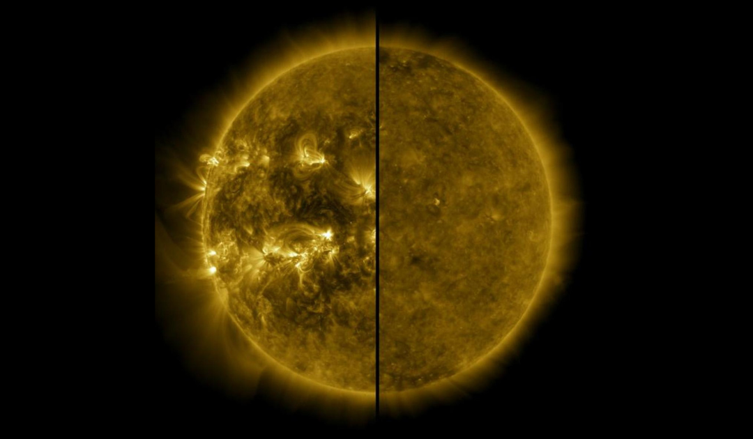 A split image showing an active Sun during solar maximum (on the left, taken in 2014) and a quiet Sun during solar minimum (on the right, taken in 2019). (Edited on Canva)