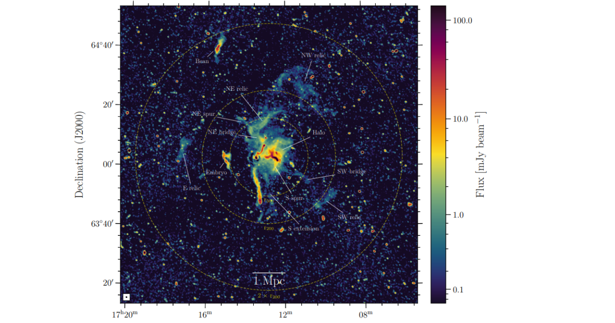 Wide-field low-resolution image of A2255 obtained with a 15′′-Gaussian taper. (Image Source: A. Botteon et al. (INAF), via arxiv 2026)