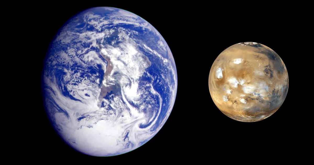 A composite image of Earth and Mars captured by NASA's Galileo and Mars Global Survey orbiters. (Cover Image Source: NASA)