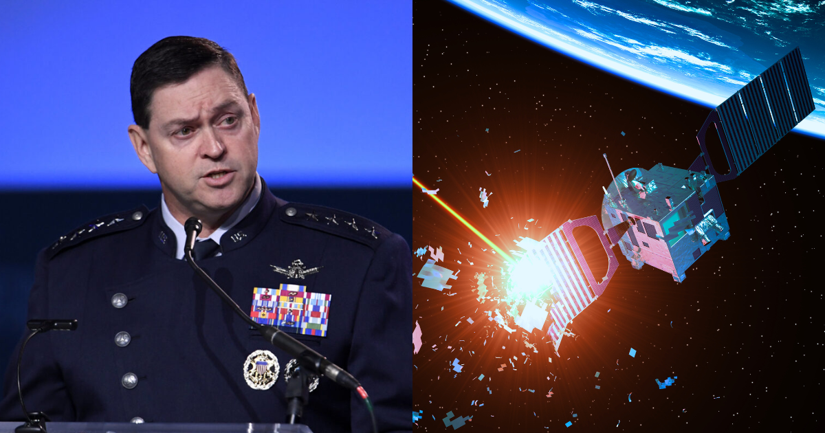(L) Chief of Space Operations Gen. Chance Saltzman. (R) A 3D illustration of a military spacecraft in space. (Cover Image Source: (L) U.S. Air Force/Andy Morataya/U.S. Space Force; (R) 3DSculptor/Getty Images; edited using Canva.)