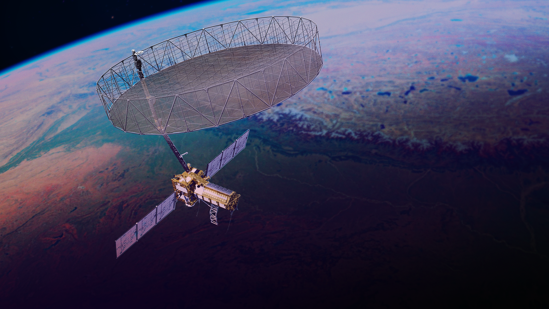 Artist's concept of the NISAR satellite in low-Earth orbit.