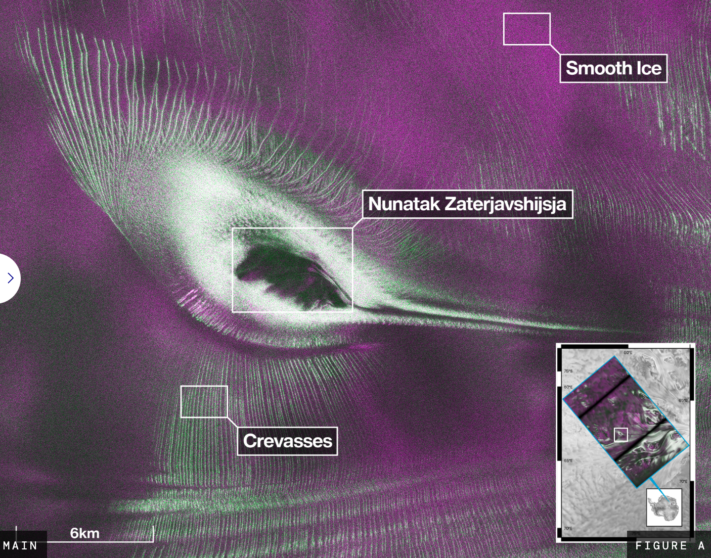 Smooth ice and crevasses are represented by magenta and green colours, respectively, in the Nunatak Zaterjavshijsja feature.