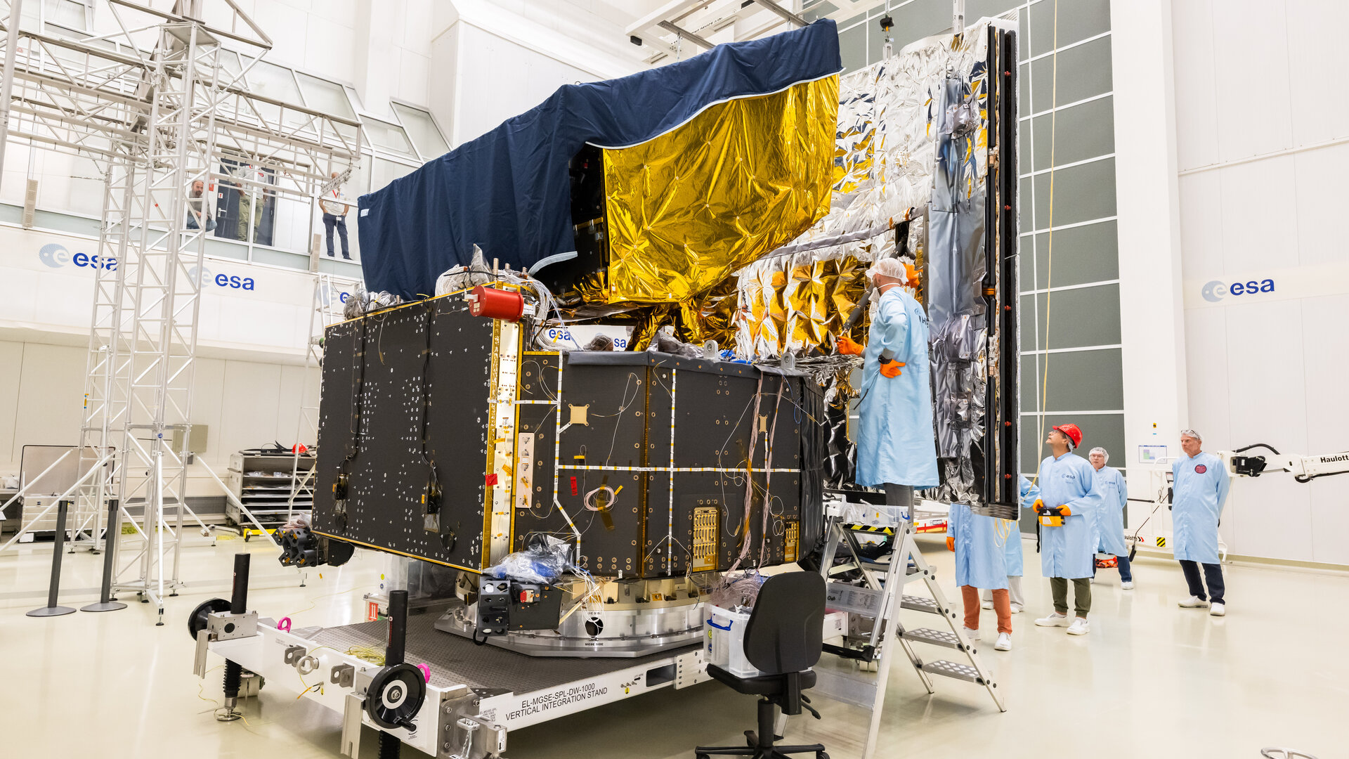 Engineers working on the Plato spacecraft at the ESTEC cleanroom in the Netherlands, September 9, 2025.