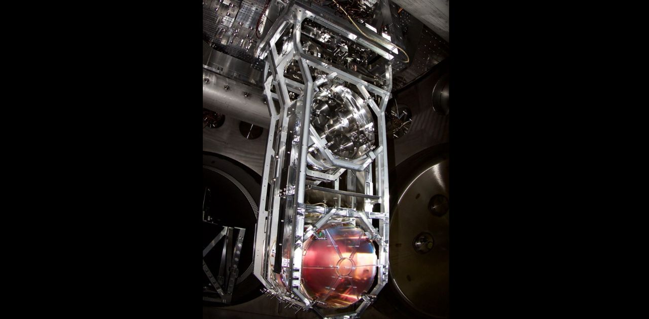 The photo shows one of LIGO's test masses installed as the 4th element in a 4-element suspension system.