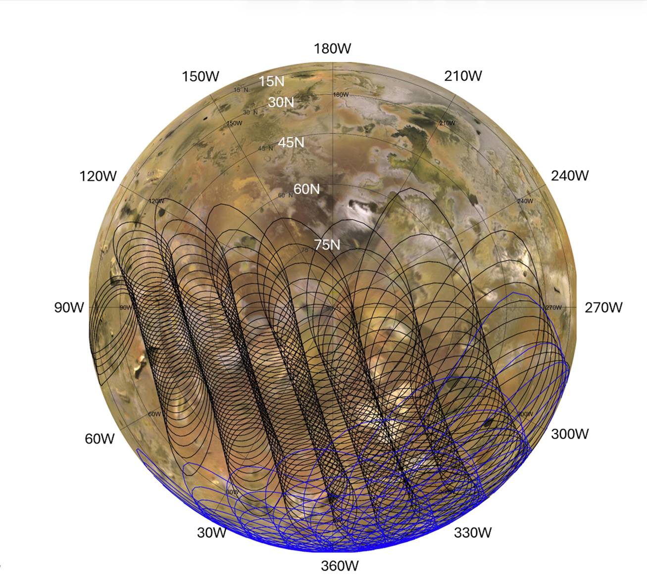 Areas of Io sampled by the Microwave Radiometer instrument aboard NASA’s Juno spacecraft during two close flybys of the Jovian moon.