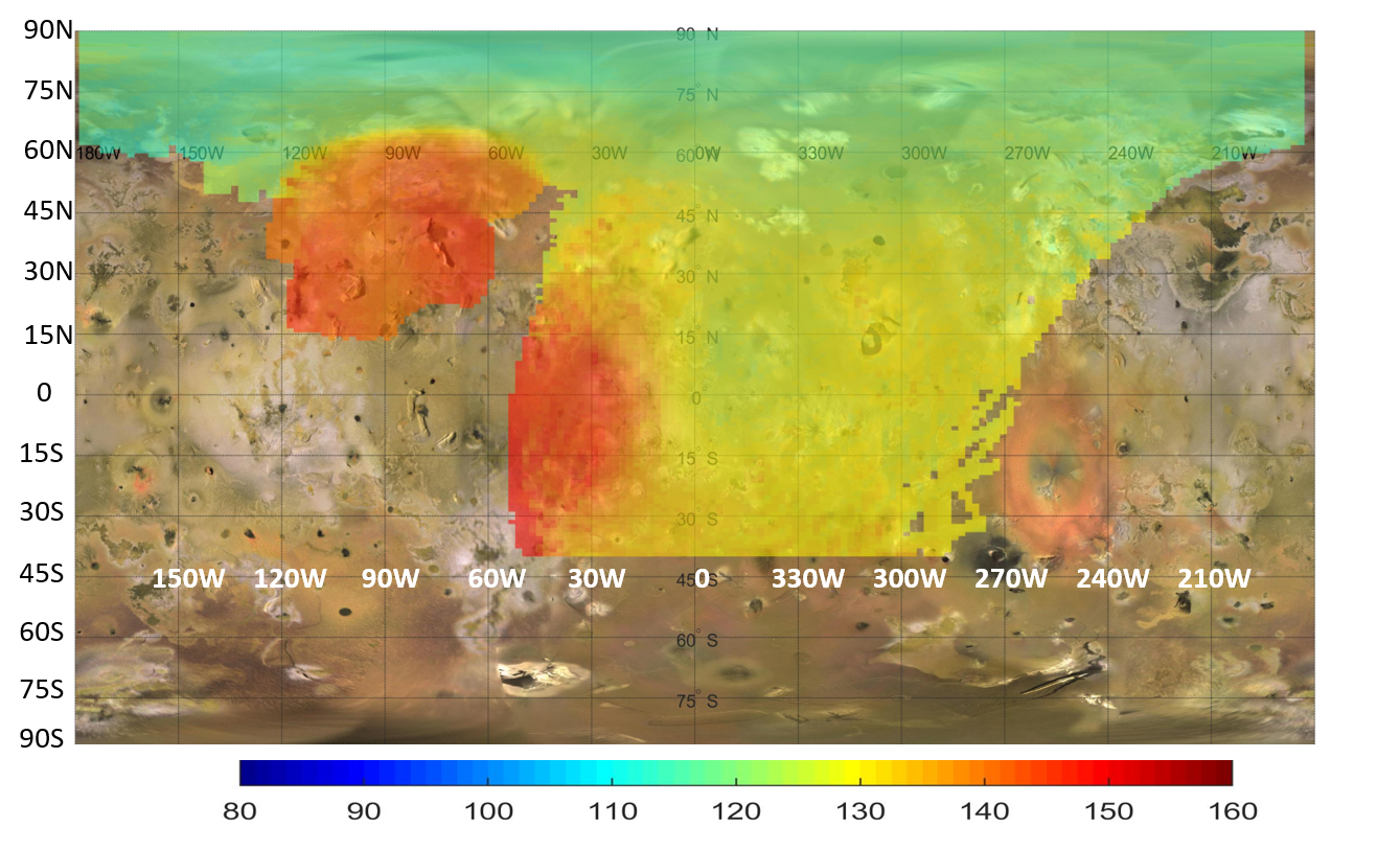 The map created by Microwave Radiometer instrument aboard NASA’s Juno, indicating heat rising from just beneath the surface of Jupiter’s moon Io. The colors illustrate a distinct temperature gradient across the moon, with the most extreme, localized heat output in red.