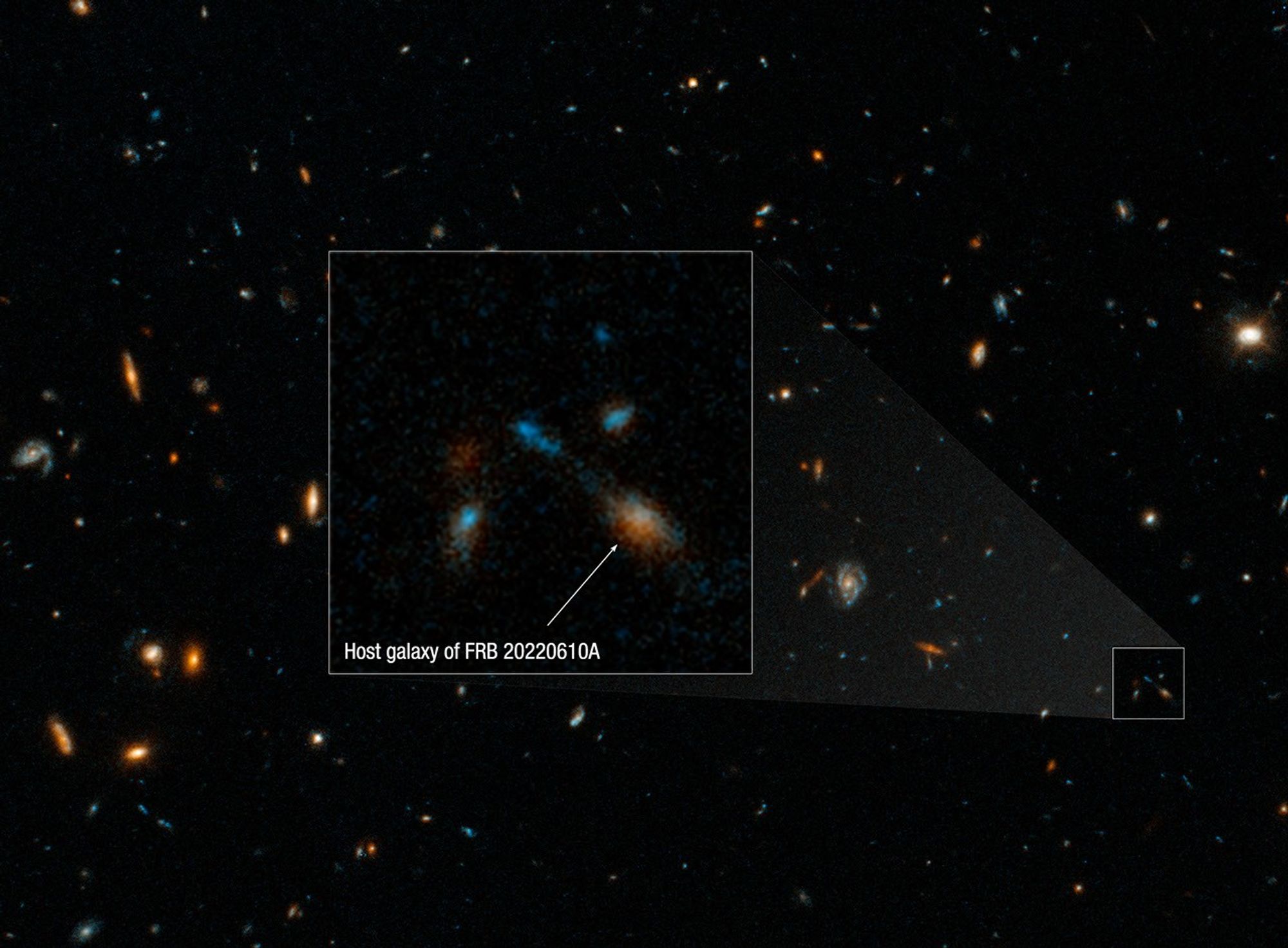 A Hubble Space Telescope image of the host galaxy of an exceptionally powerful fast radio burst, FRB 20220610A.