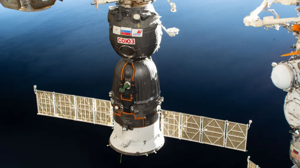 The Roscosmos Soyuz MS 28 spacecraft is pictured in November 2025 shortly after docking to the International Space Station’s Rassvet module.