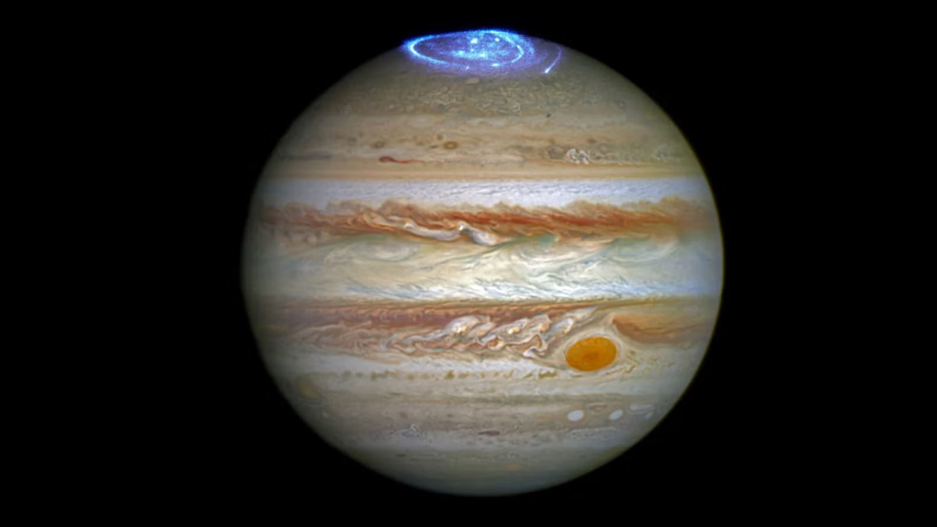 A composite image of auroras on Jupiter captured by Hubble Space Telescope.