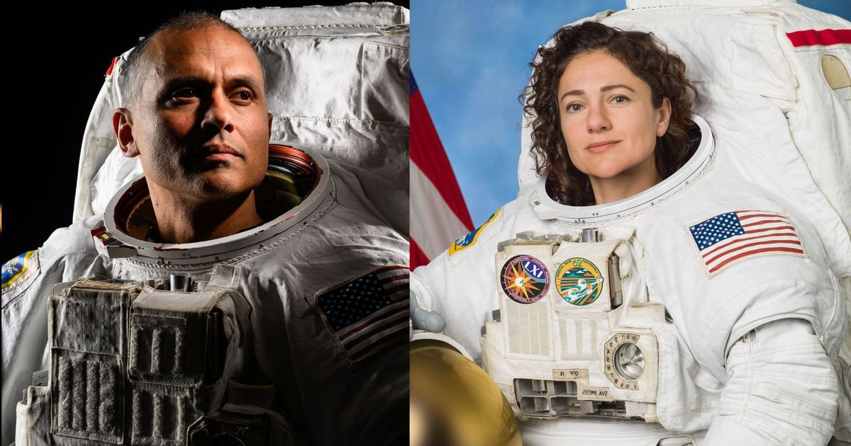 NASA astronauts Anil Menon and Jessica Meir pose for a portrait in spacesuits. — (Cover Image Source: X@astro_anil/NASA)