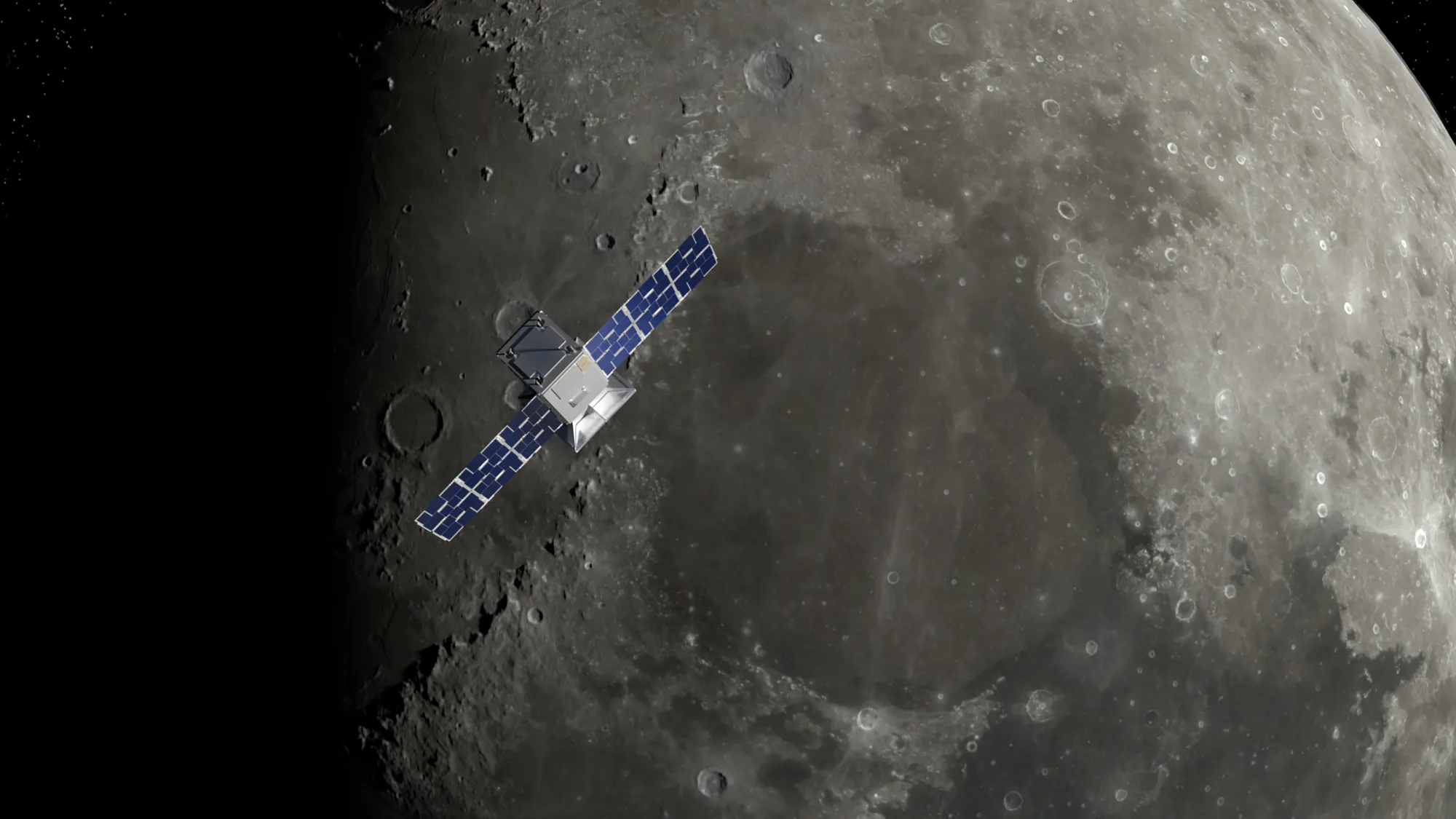 Artist's illustration of the CAPSTONE satellite flying over the Moon's north pole.