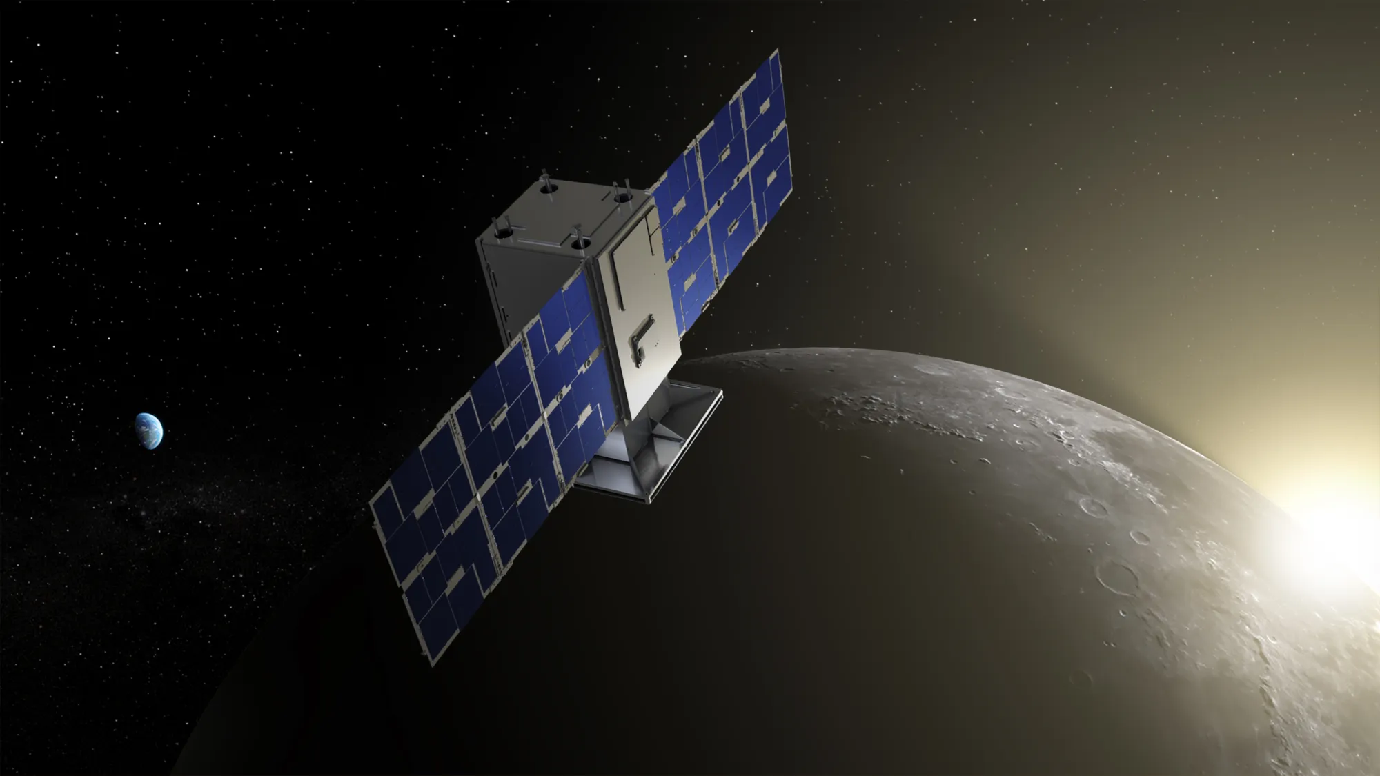 Artist's illustration of CAPSTONE satellite in Moon's orbit with Earth in the background.