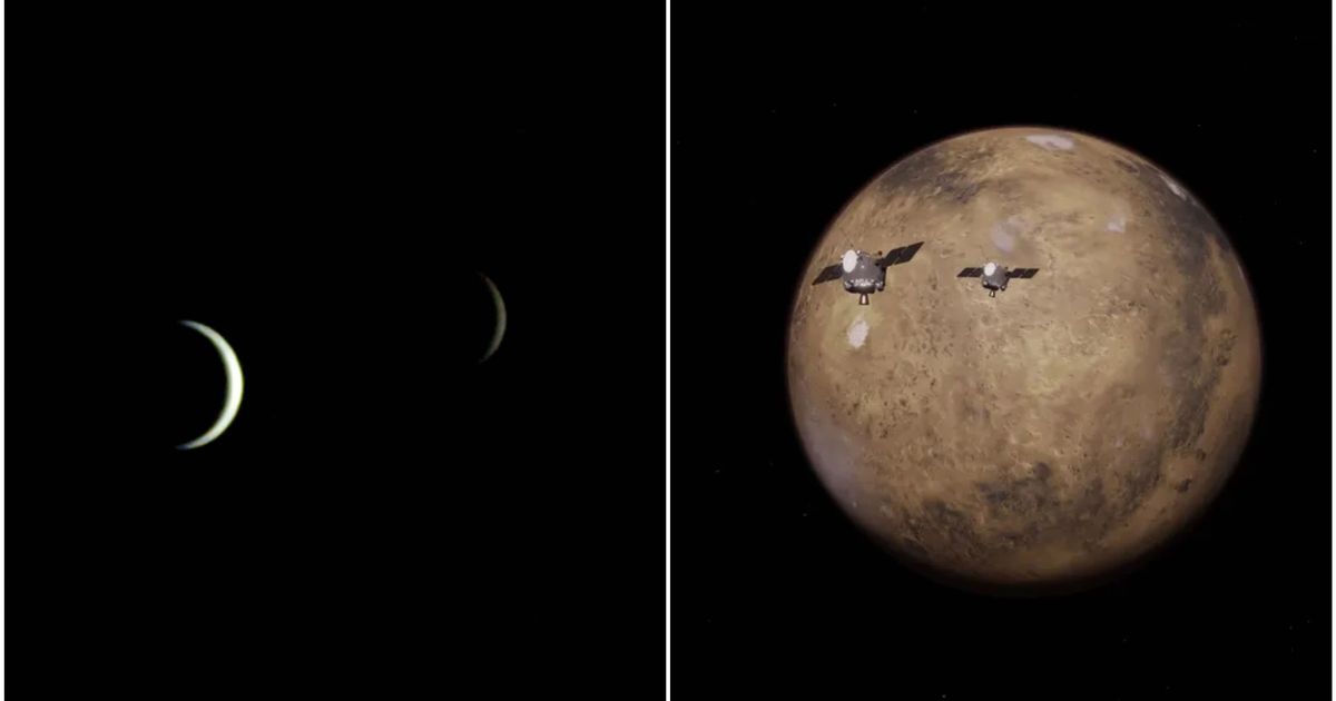 A collage showing the photograph taken by the ESCAPADE mission (L) and an illustration of the two spacecraft reaching Mars (R). — (Cover Image Source: NASA/UCB-SSL/NAU-Radiant/Lucint, RocketLab)