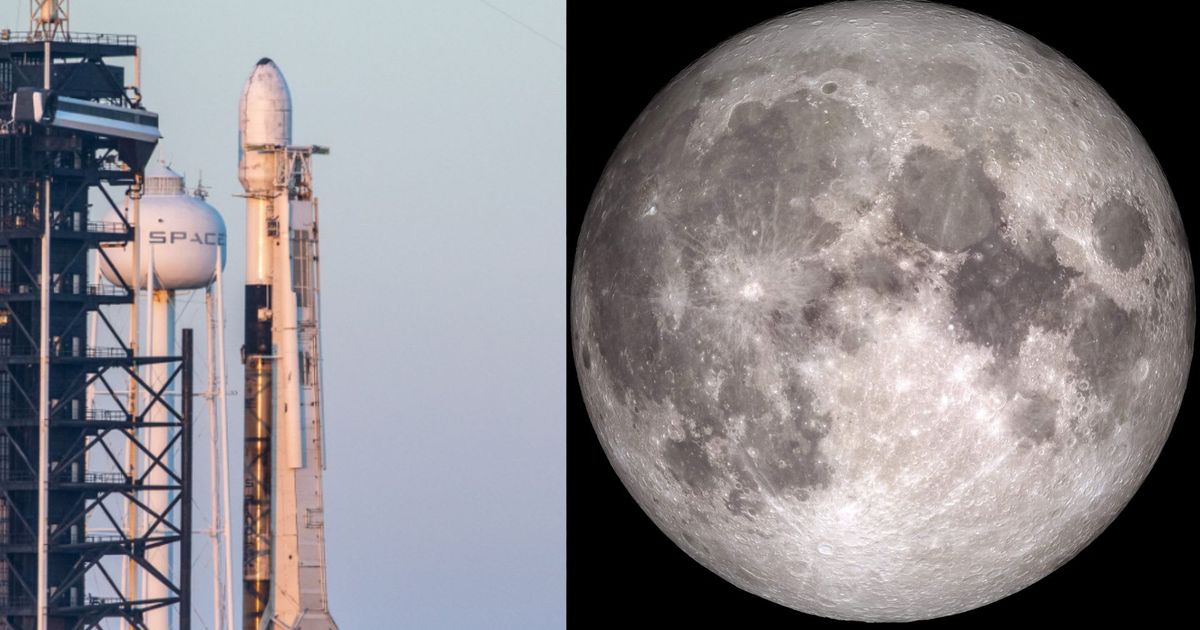 The Falcon 9 rocket, whose first stage is heading for a collision with the Moon, at NASA's Kennedy Space Center (L) and a picture of the Moon captured by NASA’s LRO spacecraft (R). — (Cover Image Source: NASA/GSFC/Arizona State University)