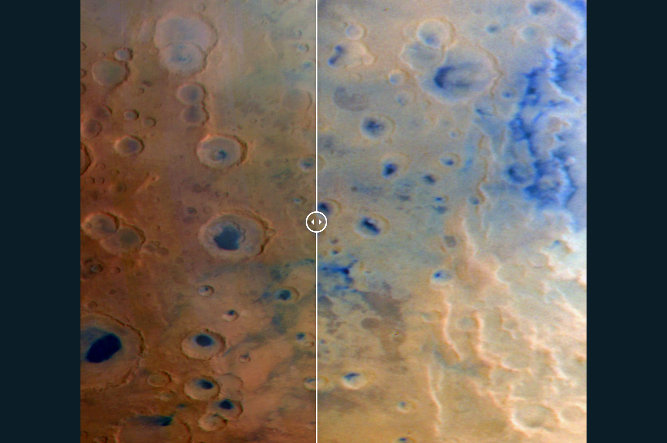 (L) Image of a part of Noachis Terra on Mars captured by Mars Express. (R) The same region captured by Psyche 1 hour 50 minutes later.