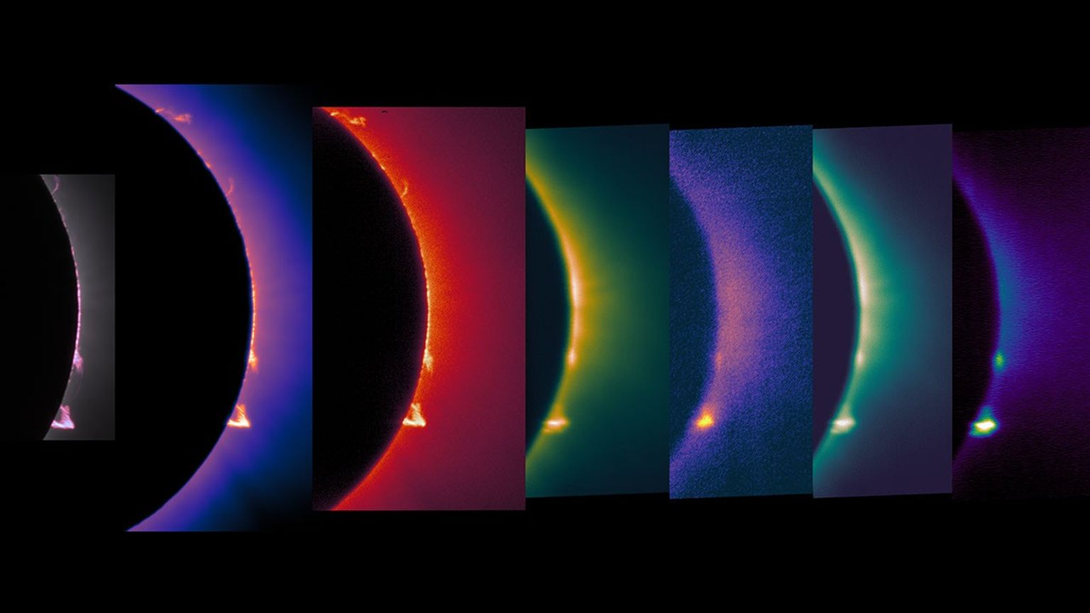 The solar corona and solar prominences captured in different wavelengths of visible and infrared light by imagers aboard a NASA’s WB-57 jet during the total solar eclipse on April 8, 2024.
