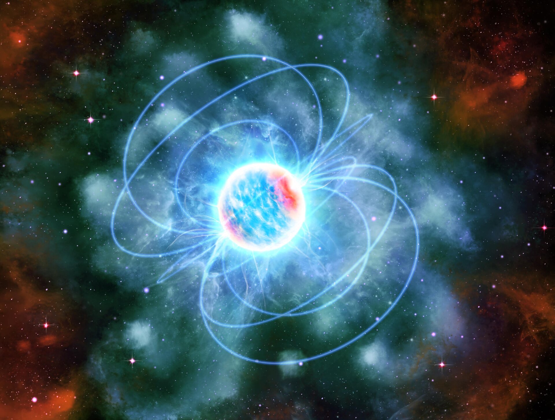 An artist impression of a neutron star, shown as a bright blue and red sphere with spark-like features flying off it.