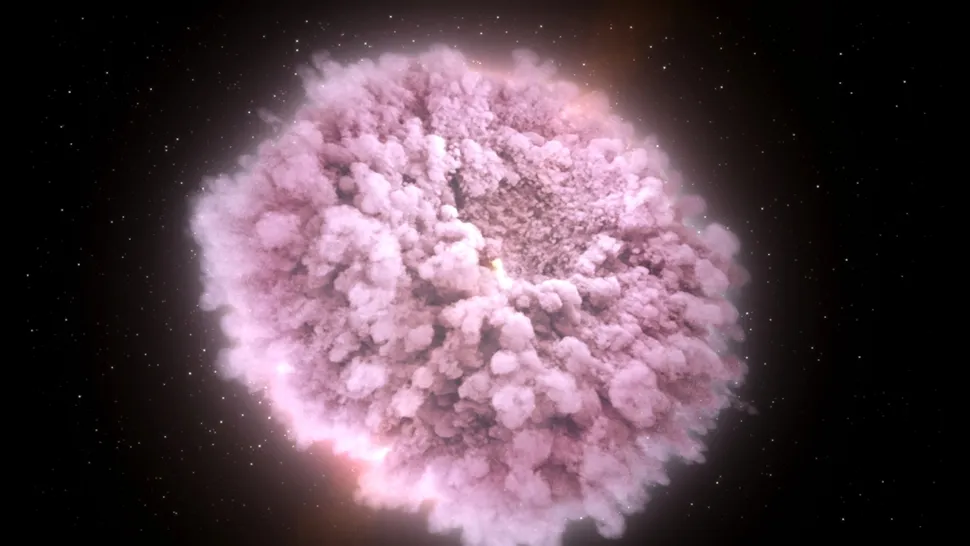 An illustration of a cloud of debris created by a neutron-star collision.
