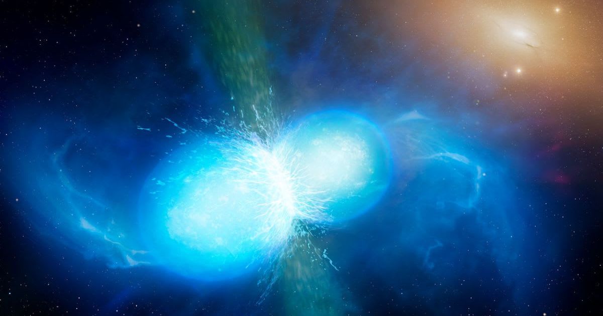 This artist’s impression shows the merger of two tiny but very dense neutron stars. (Representative Cover Image Source: University of Warwick/Mark Garlick)