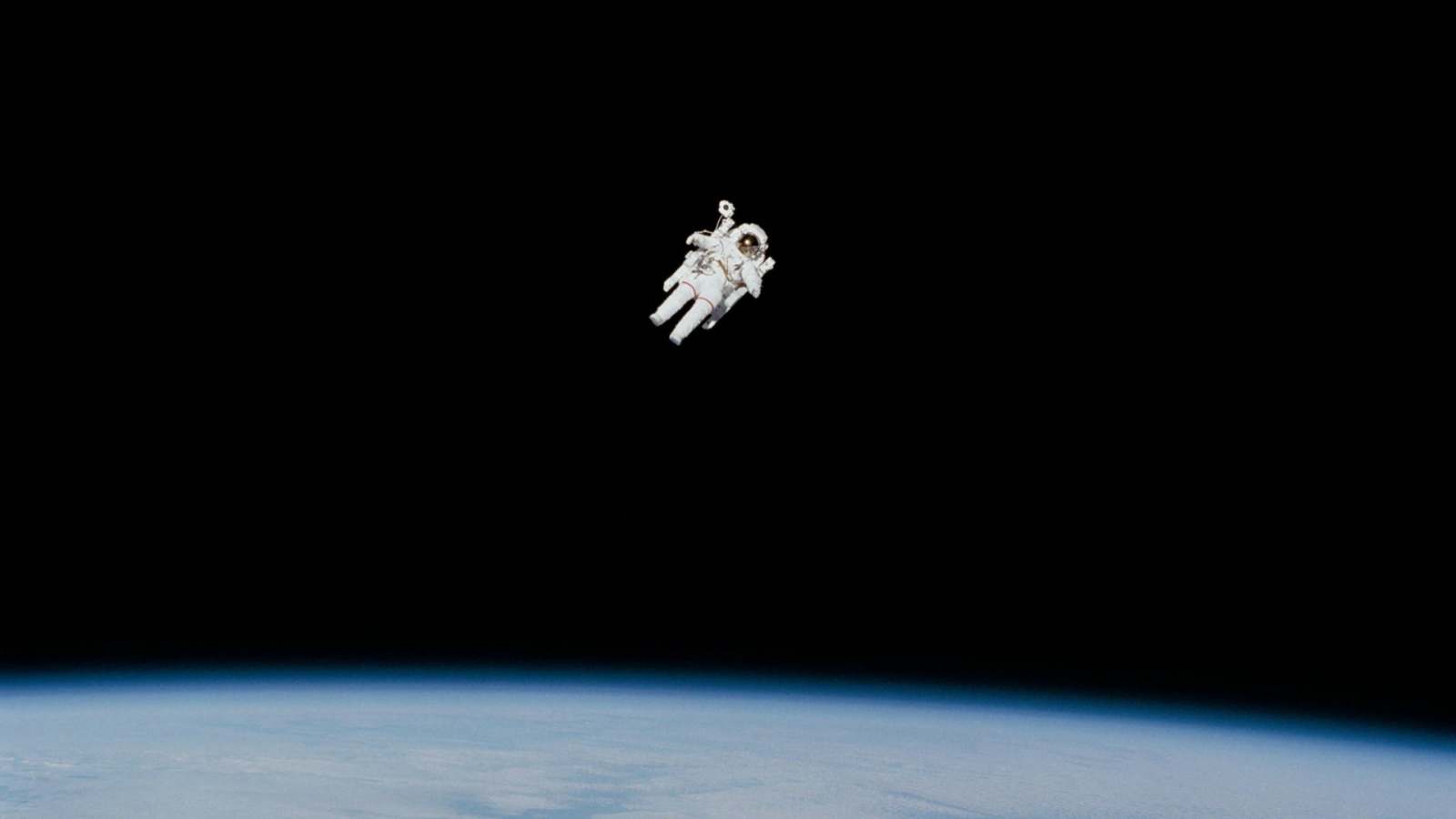 NASA astronaut Bruce McCandless floating in space during his untethered spacewalk, Feb. 7, 1984.