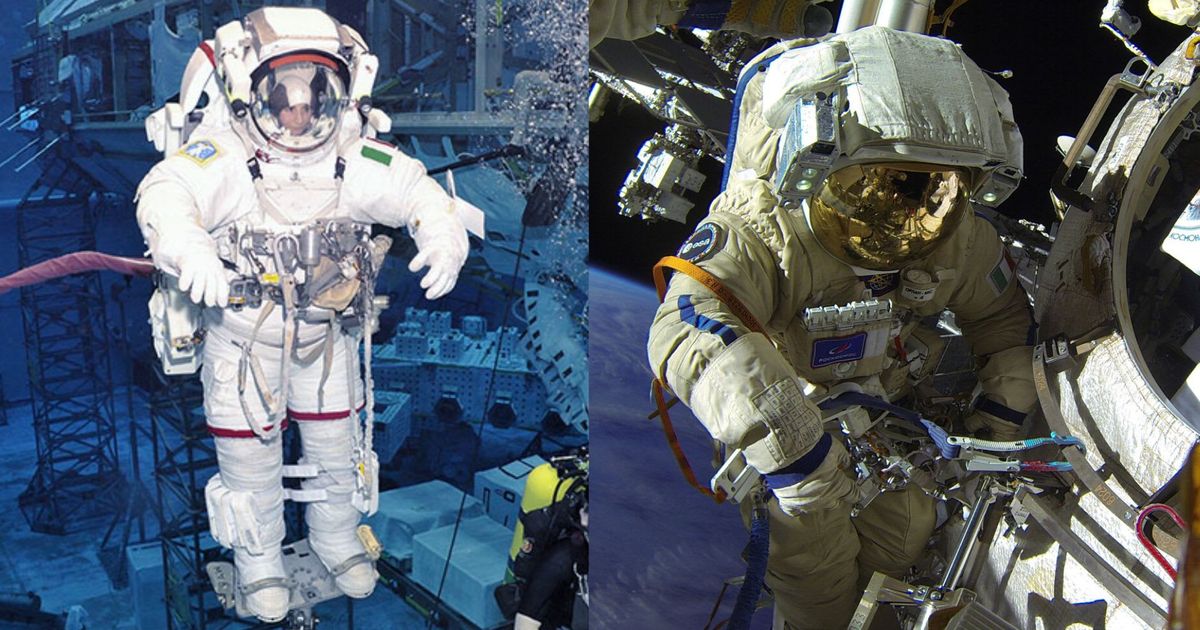 European astronaut Samantha Cristoforetti training at the Neutral Buoyancy Lab at NASA’s Johnson Space Center (L); Samantha Cristoforetti on her debut spacewalk outside the ISS on 21 July 2022. — (Cover Image Source: NASA/ESA)