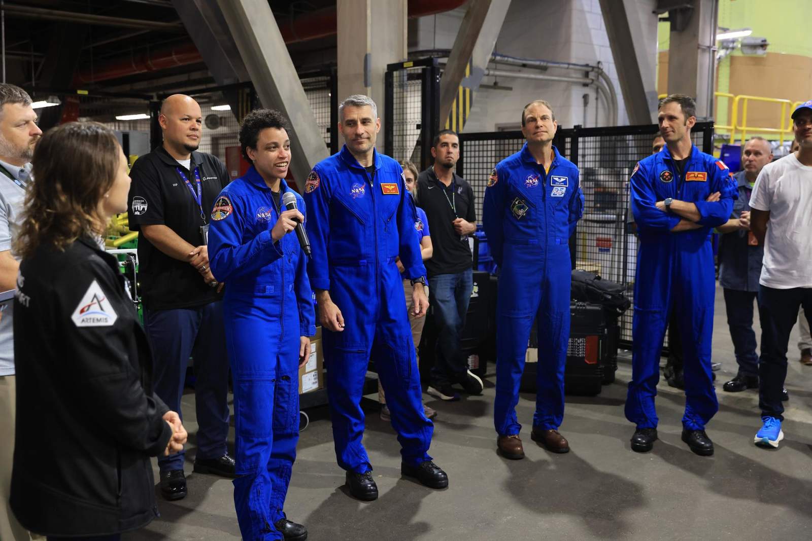 Crew-13 and NASA astronaut Jessica Watkins speaks to teams at NASA’s Kennedy Space Center in Florida. (Image Source: NASA/Kim Shiflett)
