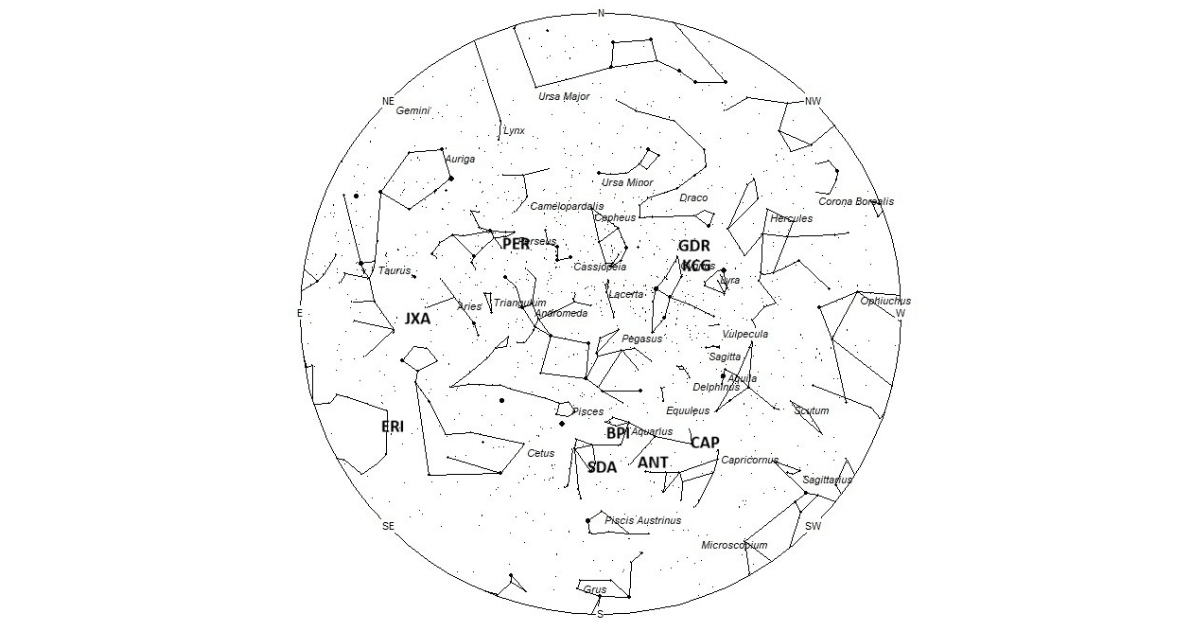 Radiant positions of a few meteor showers at 04:00 Local Daylight Saving Time for US skywatchers. ERI denotes Eta Eridanids. (Representative Image Source: AMS)