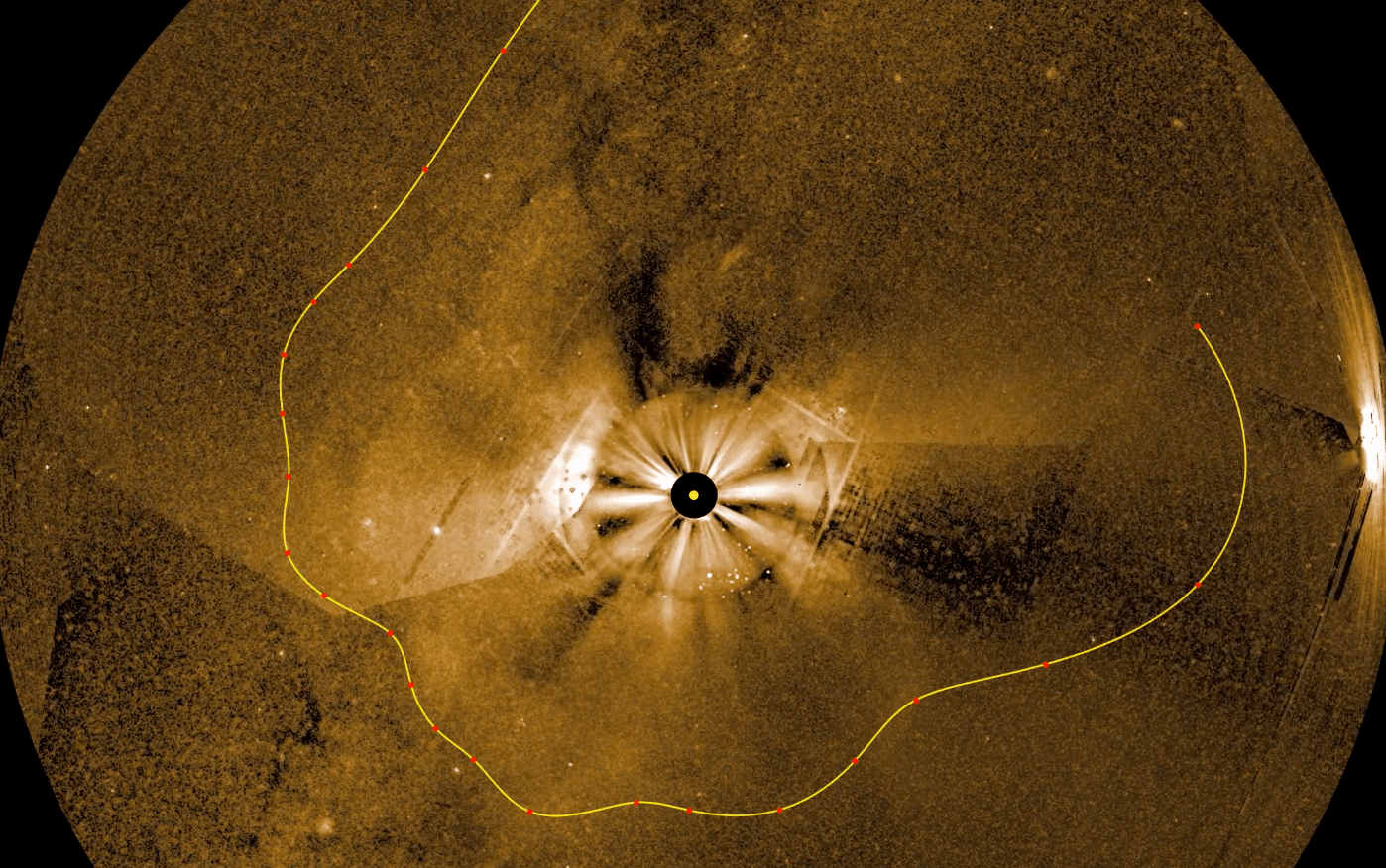 Screengrab from a video by PUNCH of the CME from May 31. The CME's leading lines are represented in yellow as they move further into space.