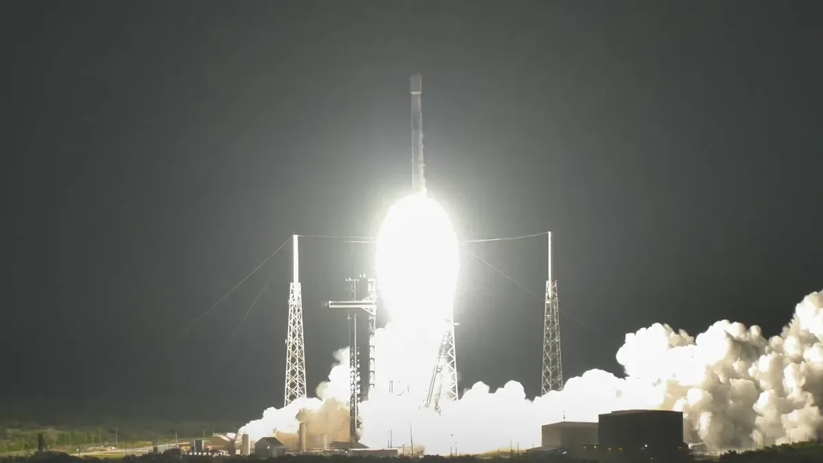 A SpaceX Falcon 9 rocket launches on Aug. 5, 2026 carrying a trio of BlueBird satellites to orbit. (Image credit: SpaceX)