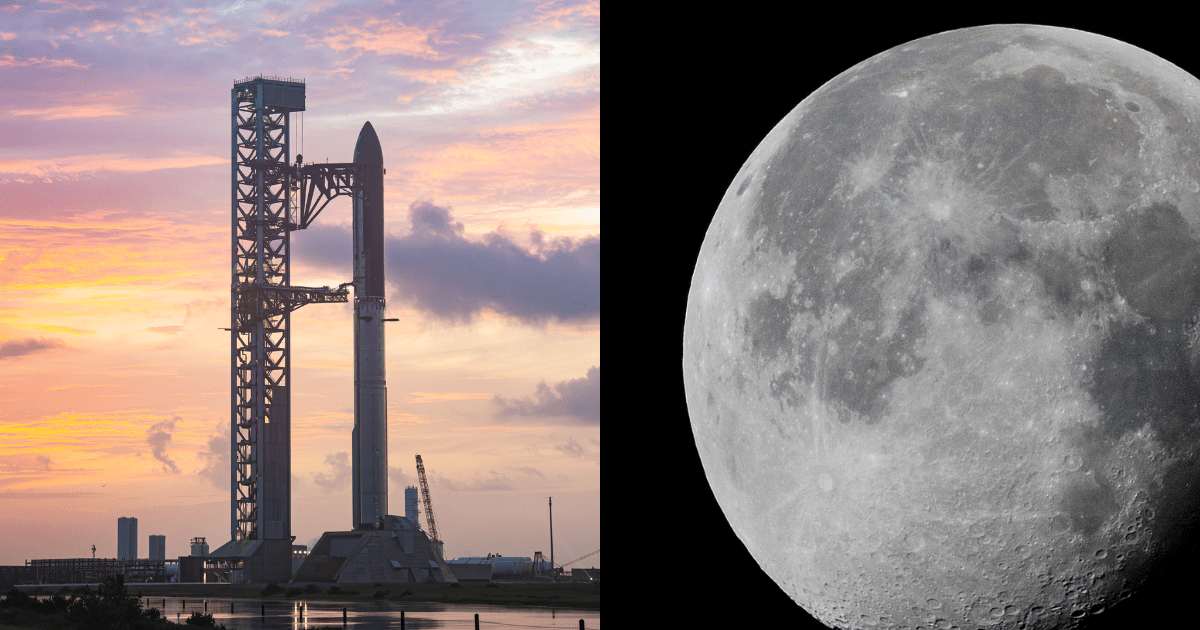 A SpaceX Starship stands on the launch pad at Starbase alongside an image of the Moon. (Cover Image Source: SpaceX (R); ghargh (L)/Getty Images)