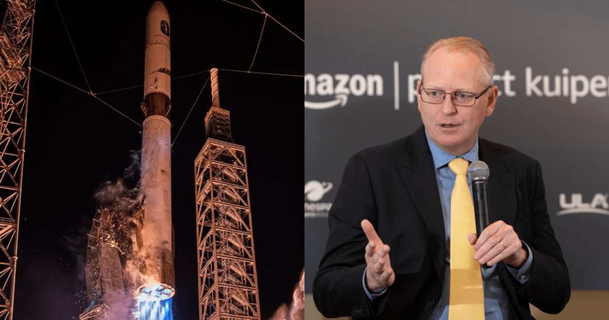 (R) Blue Origin's New Glenn takes off from launch pad. (L) Dave Limp addresses Q&A before launch of Project Kuiper Satellite Constellation in 2022. (Cover Image Source: Blue Origin; Tom Cooper/Getty Images for Amazon)