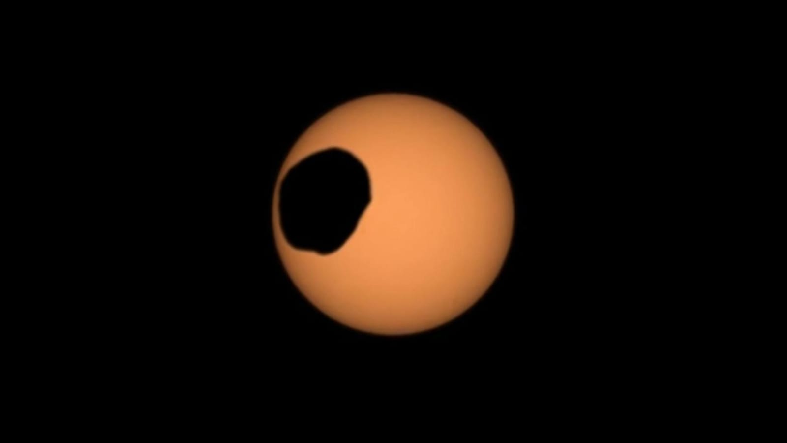 Phobos's transit of the Sun captured by Perseverance rover's Mastcam-Z camera on February 8, 2024.
