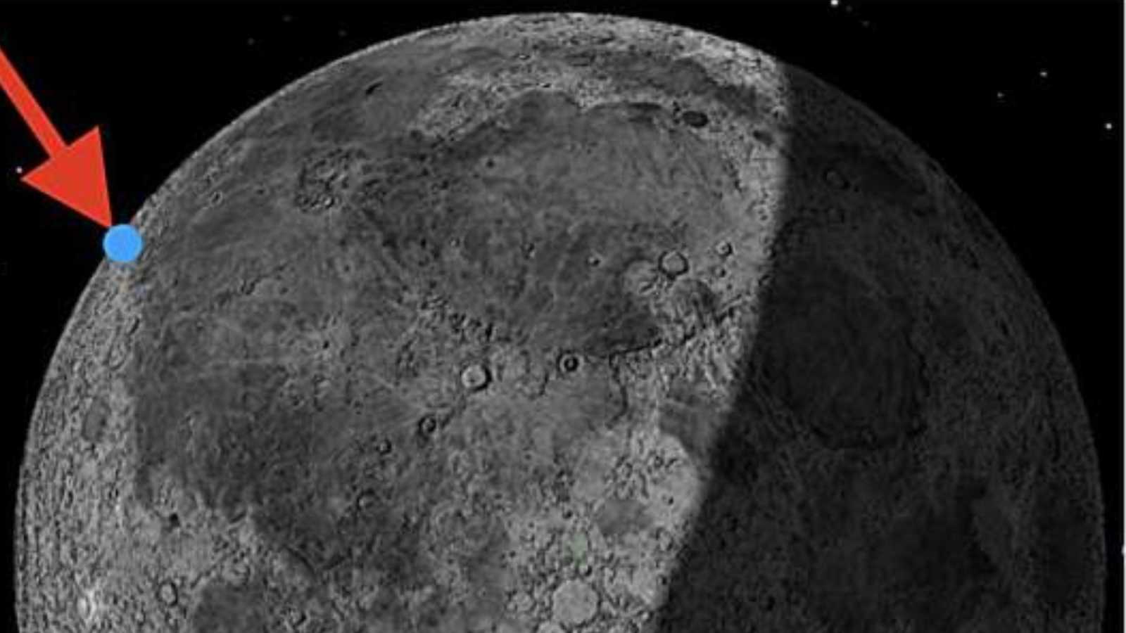 The predicted collision side is represented with a blue dot near the Einstein crater on the Moon's near side.