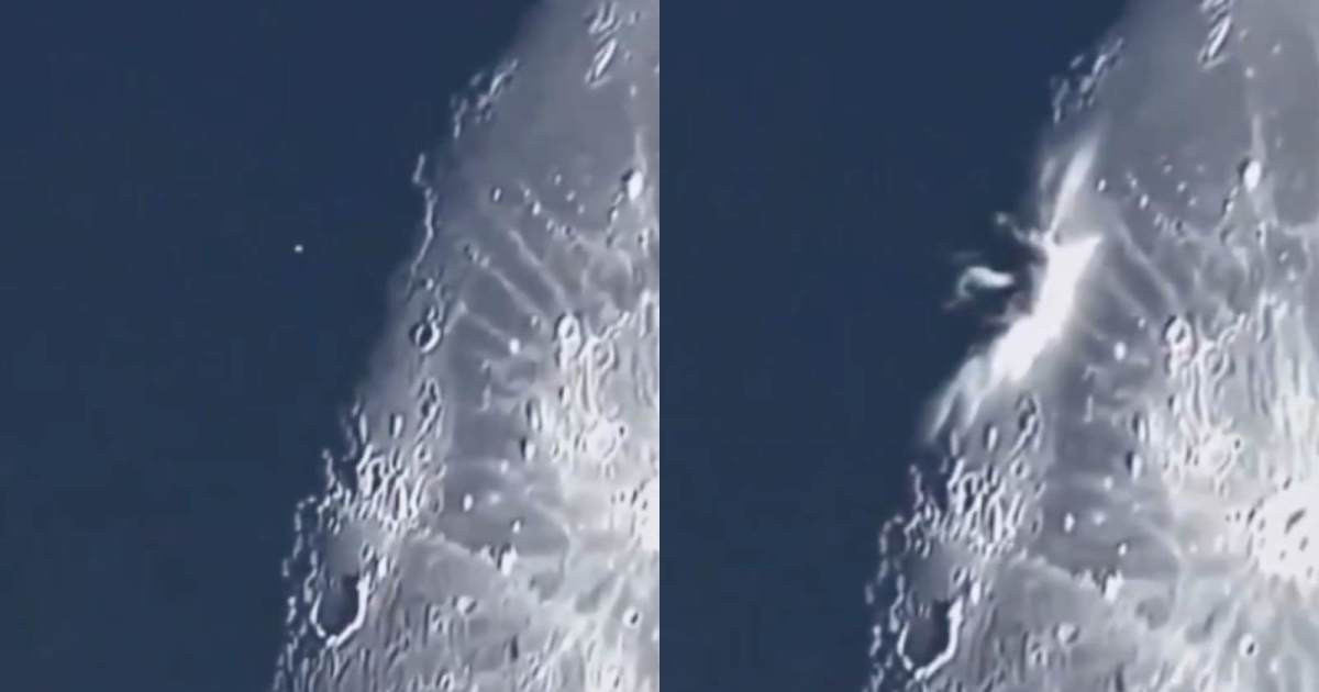 Screengrabs from viral footage circulating online claiming to show the impact of SpaceX's Falcon 9 rocket stage on the lunar surface on August 5, 2026. (Cover Image Source: X@RT_com)