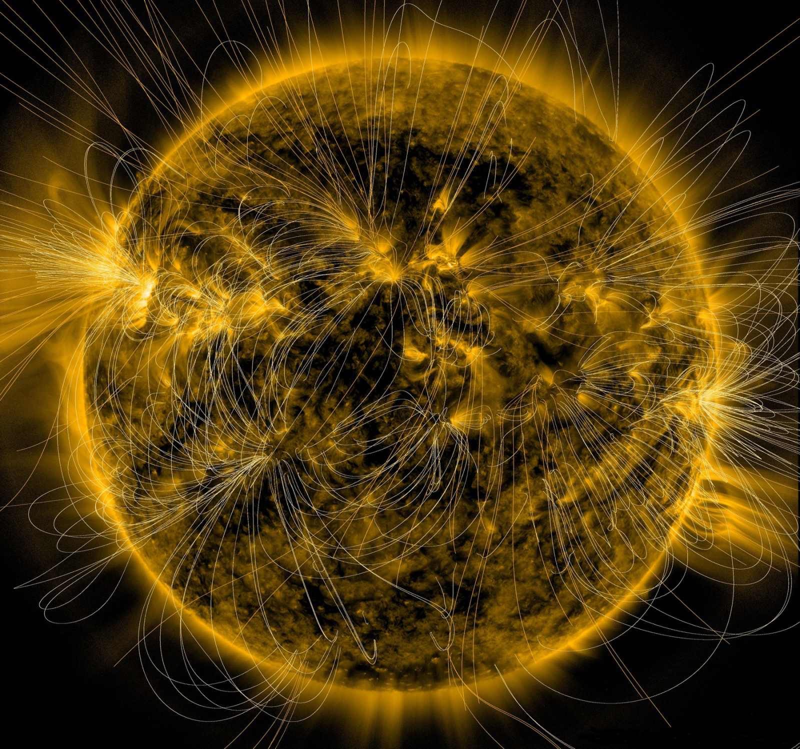 This illustration lays a depiction of the sun's magnetic fields over an image captured by NASA’s Solar Dynamics Observatory on March 12, 2016.