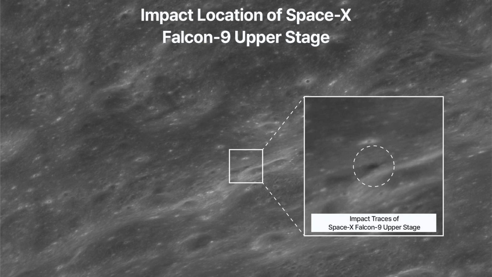 Impact location of the SpaceX Falcon 9 rocket stage which crashed on the Moon on August 5, 2026, captured by South Korea's Danuri orbiter.