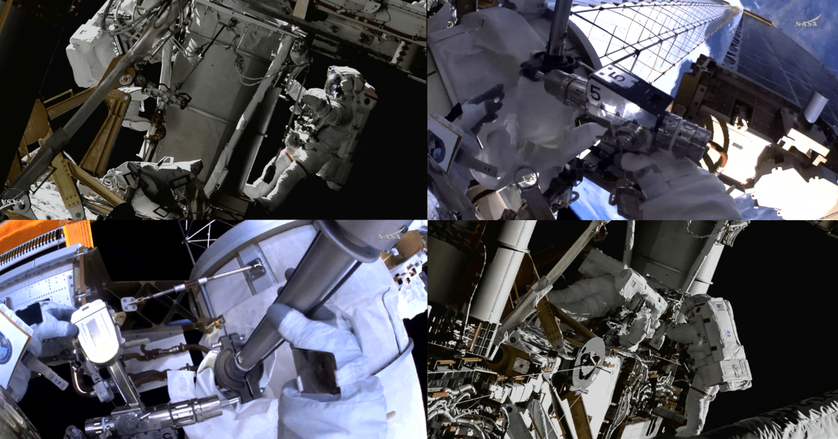 Some images from US Spacewalk 96 captured from the cameras installed on ISS and the EVA suits, the latter showing pistol-grip tools from astronaut POV. (Image Source: NASA Youtube)