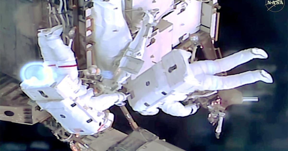 From left, NASA astronauts Jessica Meir and Anil Menon work outside the International Space Station during a spacewalk to install hardware for future power system upgrades. — (Cover Image Source: NASA+)