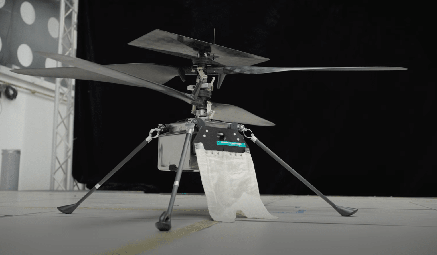 The Skyfall helicopter with its fabric-based antenna being tested at the JPL lab in California.