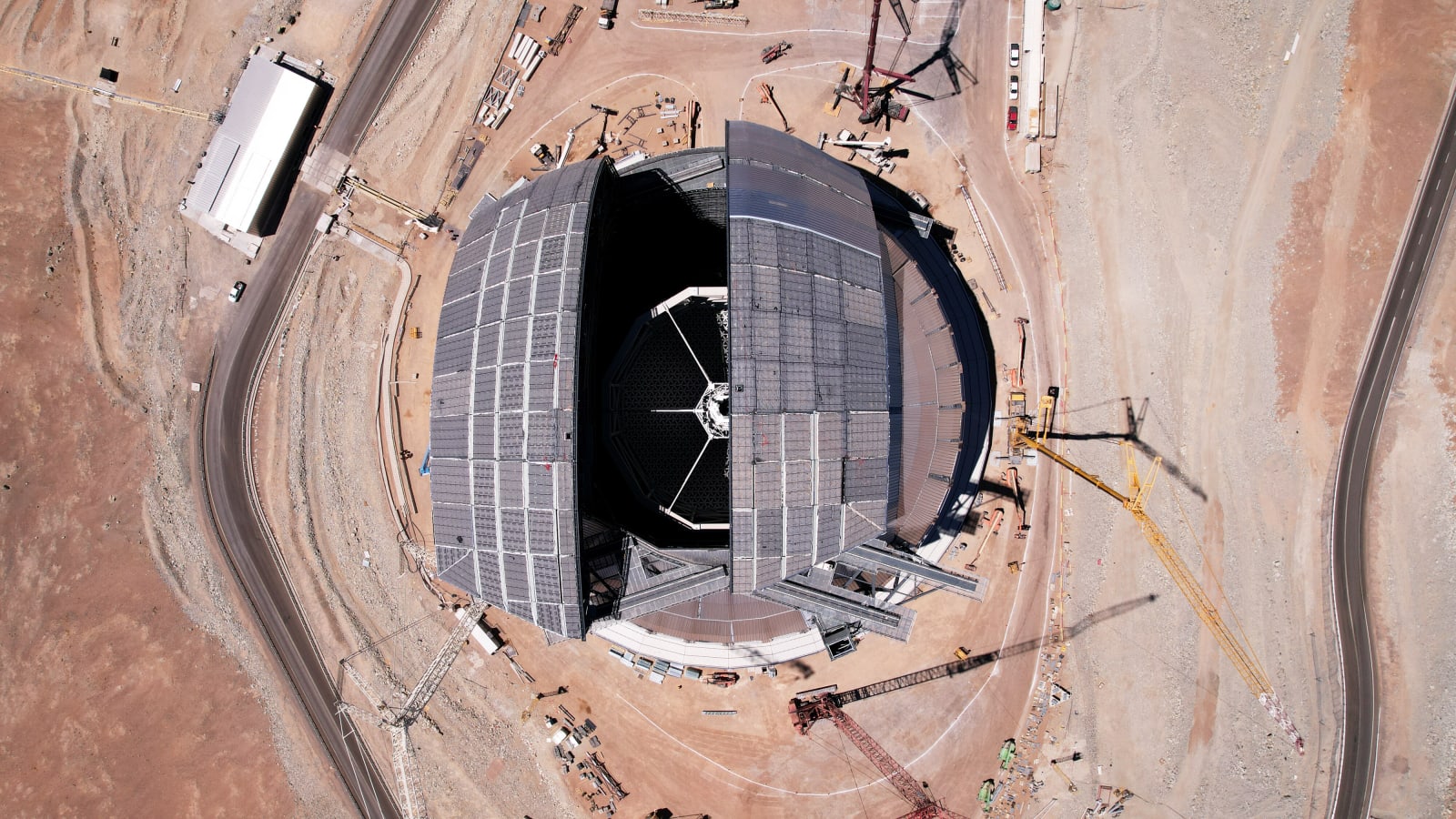 This aerial view of ESO's Extremely Large Telescope (ELT) was taken during a test of the operation of the doors, which will provide a 41 metre aperture when fully open.