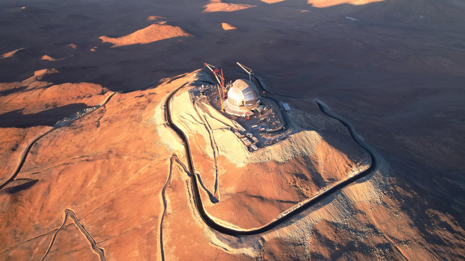 This image shows ESO's Extremely Large Telescope (ELT) sitting majestically atop Cerro Armazones.