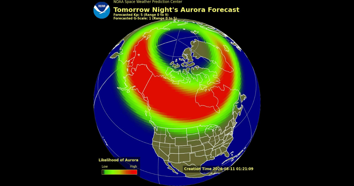 Aurora forecast and extent on Tuesday night. (Representative Image Source: NOAA SWPC)