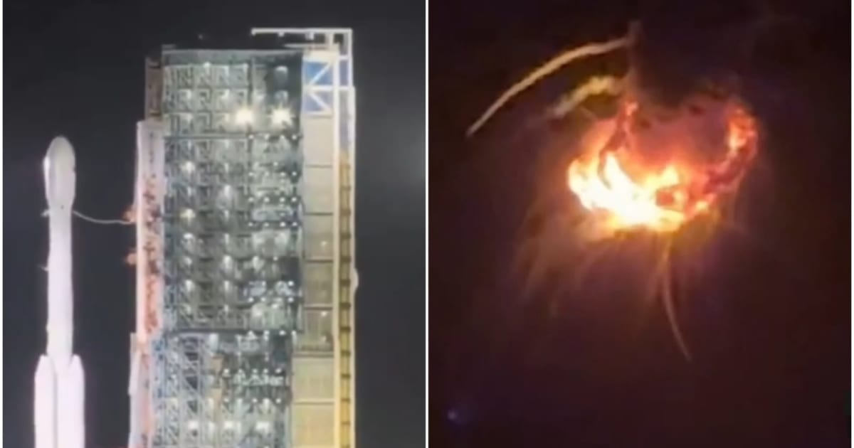 Collage showing the Long March 7A before liftoff on Monday, August 10, 2026 (L), and the subsequent explosion (R). — (Cover Image Source: YouTube| @IntRocketLaunch)